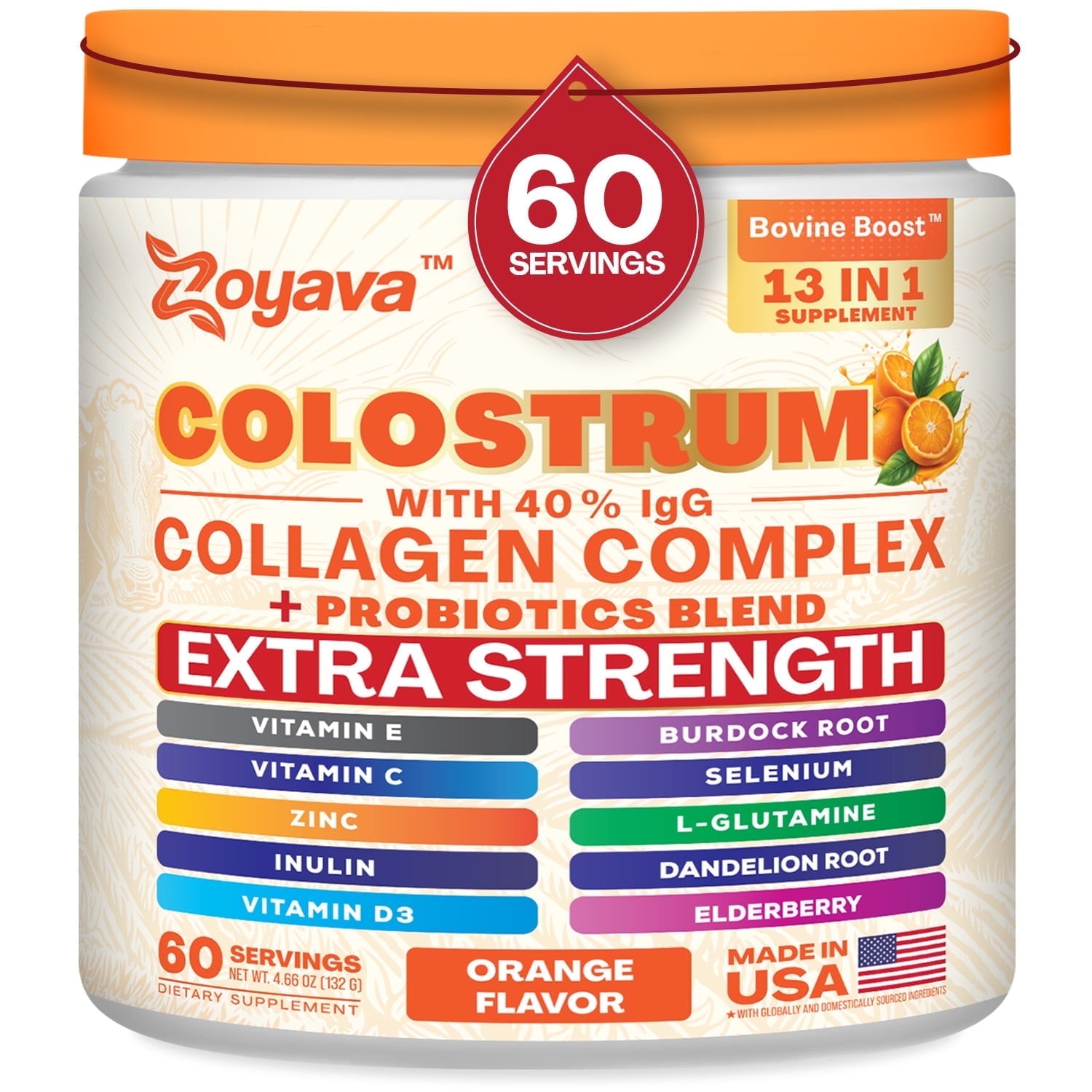 Zoyava Colostrum Powder with 40% IgG, Orange Flavor, Extra Strength 13-in-1 Supplement, Collagen Complex, Probiotics, Elderberry, L-Glutamine, Zinc, Vitamin C, Vitamin D3