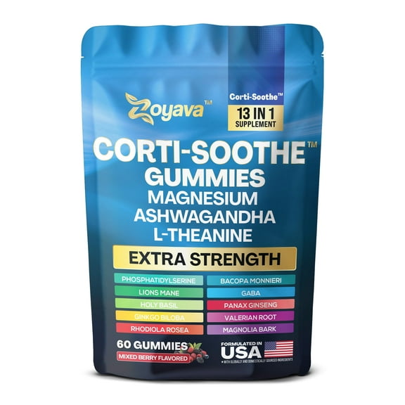 Zoyava Corti-Soothe Cortisol Supplement Magnesium Glycinate, L-Theanine, Ashwagandha, Phosphatidylserine, Lions Mane, Ginkgo, Bacopa & Valerian Root 60 Mixed Berry Gummies