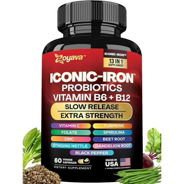 Zoyava Iron Supplement – Slow Release Iron Vitamin with B12, Folate, Zinc & Probiotics for Men & Women
