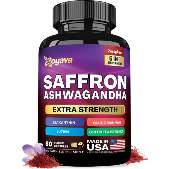 Zoyava Saffron Supplements 1000mg Glucomannan 1000mg Ashwagandha 1000mg Green Tea Extract 1000mg Lutein & Zeaxanthin - Pure Saffron Extract Capsules - Mood & Vision Pills - 2 Month Supply