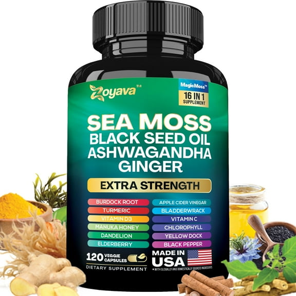 Zoyava Sea Moss Blend, 19,445 MG All-in-One Formula with over 15+ Super Ingredients, Extra Strength & High Potency (120 Capsules)
