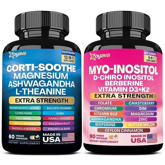 Zoyava Soothe and Smooth Bundle, Cortisol and Myo-Inositol Supplement 13-in-1 Cortisol Balance with Ashwagandha, Magnesium, Lions Mane, Berberine, Folate, L-Theanine, Vitamin D3 & K2 (150 Capsules)