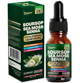 Soursop Leaves Extract Liquid Drops Supplement 1200 MG, Graviola, Sea Moss, Ashwagandha, Moringa, Black Cumin Seed, 6-in-1, Extra Strength for Daily Wellness, 60 Servings Mixed Berry Flavor