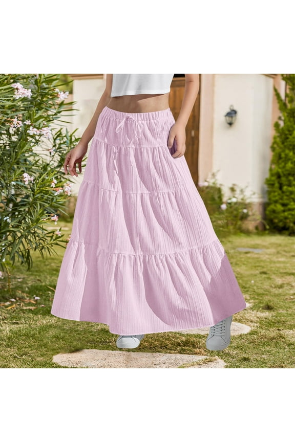 Girls Ruffle Skirt- Cute Drawstring Elastic Waist Casual Kids Maxi Skirt Pink Size 8