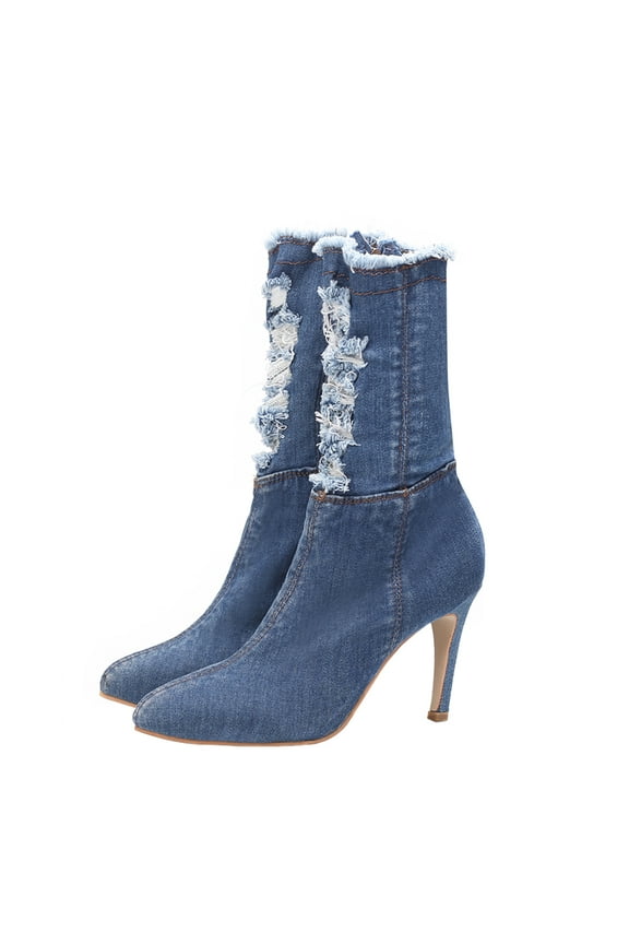 1Pair Elastic Thin Heels Boots Denim High-heeled Boots Autumn Winter Shoes