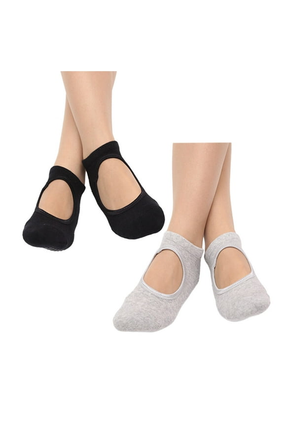 2 Pairs of Women Breathable Pilates Yoga Non Grip Cotton Ballet Dance Massage Ankle Socks (Black+Grey)