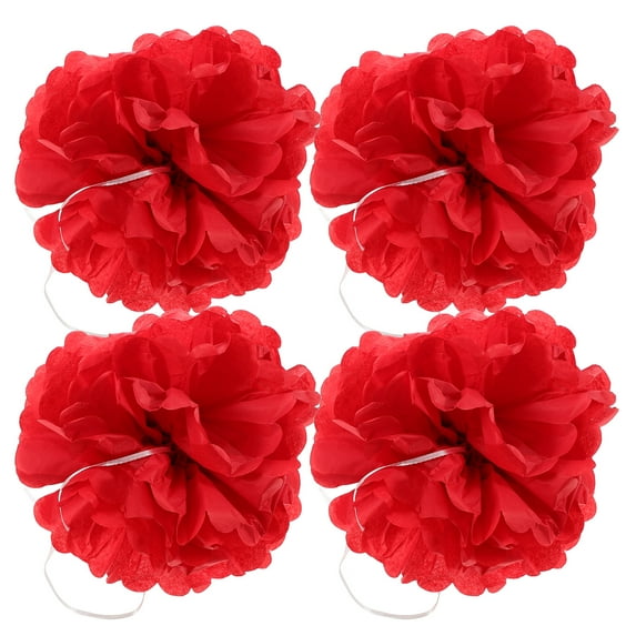 Zoyueyie 4pcs Red Paper Pom Poms Decorations DIY Decorative Tissue Paper Pom Poms Flowers Balls for Party Wedding Outdoor Decoration
