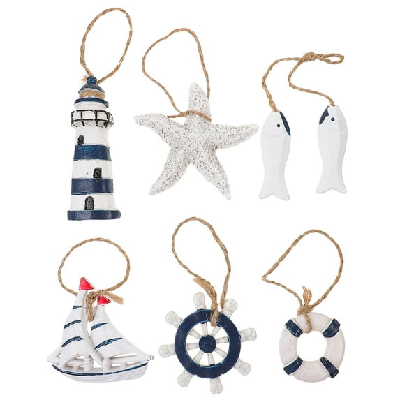 Zoyueyie 6pcs Mediterranean Hanging Ornaments Resin Pendant Miniature Creature Ship Wheel Lighthouse Beach Coastal Wall Decor Birthday Gift