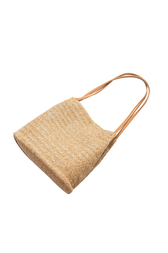 Knitted Bag Handmade Straw Bag Bucket Bag Shoulder Bag (Dark Beige)
