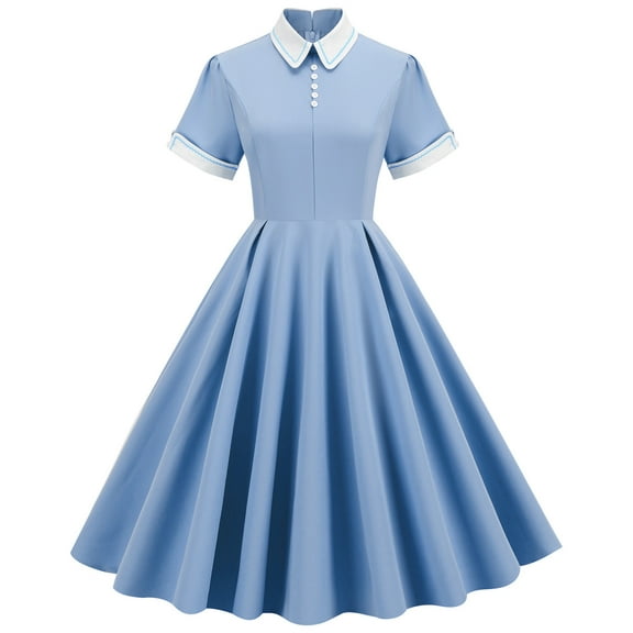 Zpanxa 1950's Dresses for Women Vintage, Contrast High Neck Doll Collar Lapel Mid Length Dress, Stretch Slim High Waist Swing Dress, Audrey Hepburn Style Party Dresses Light Blue M