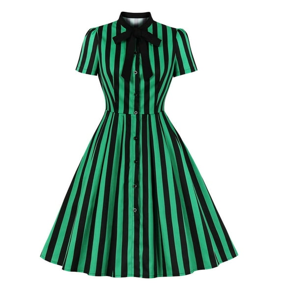 Zpanxa 1950's Dresses for Women Vintage, Gothic Butterfly Tie Stripe Short Sleeve Dress, Formal Stretch Slim High Waist Swing Dress, Audrey Hepburn Style Party Dresses Green XL