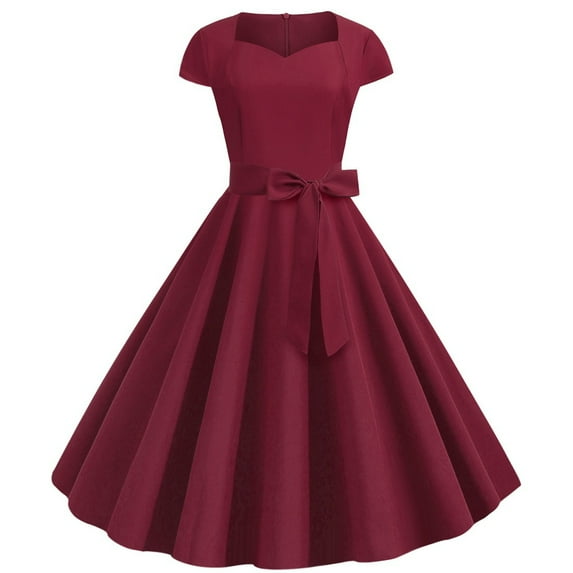 Zpanxa 1950's Dresses for Women Vintage, Gothic Square Neck Short Sleeve Dress, Formal Stretch Slim High Waist Swing Dress, Solid Bow Belt Audrey Hepburn Style Party Dress Wine S