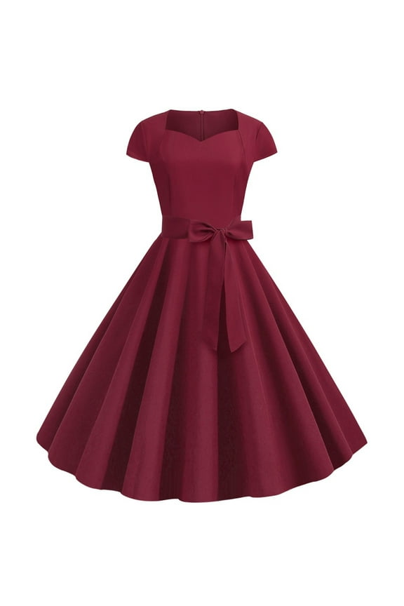 1950's Dresses for Women Vintage, Gothic Square Neck Short Sleeve Dress, Formal Stretch Slim High Waist Swing Dress, Solid Bow Belt Audrey Hepburn Style Party Dress Wine S