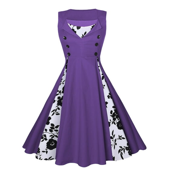 Zpanxa 1950's Dresses for Women Vintage, V-Neck Patchwork Print Sleeveless Dress, Stretch Slim High Waist Swing Dress, Audrey Hepburn Style Party Dresses Purple S