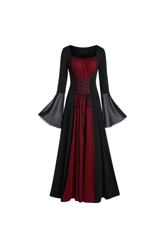 1950's Dresses for Women Vintage, Womens Celtic Medieval Floor Length Dress, Renaissance Gothic Cosplay Dress, Mesh Bell Sleeve Irregular Long Dress Wine M