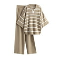 thumbnail image 1 of Zpanxa 2 Piece Outfits for Women Casual Lounge Long Sleeve Round Neck Sets Knitted Stripe Tops Long Pants Suits Pajama Sets Khaki One Size, 1 of 3