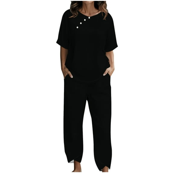 Zpanxa 2 Piece Outfits for Women Casual Short Sleeve Half Sleeve Round Neck Cropped Tops and Casual Pants Suit Set Two Piece Set Black A XL