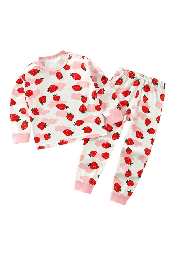 Baby Girl Clothes Outfits, Toddler Baby Kids Winter Boys Girls Solid Color Strawberry Print Long Sleeved Home Wear Clothes Suit Pink 18 Months