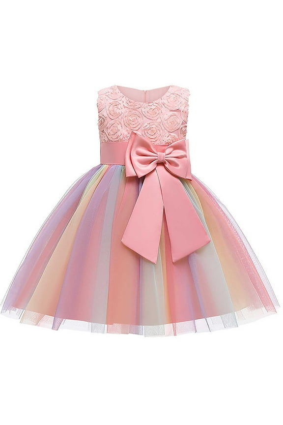 Baby Girls Bowknot Princess Dress, Little Girls Party Wedding Formal Dresses, Evening Mesh Lace Dress, Kids Pageant Flower Girl Sleeveless Dress, Birthday Gifts for Girls Pink (7-8 Years)