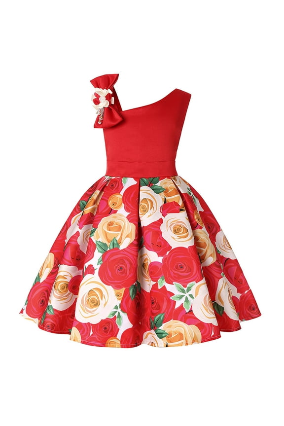 Baby Girls One Shoulder Dress, Toddler Girls Princess Dress, Little Girls Party Wedding Formal Dress, Rose Print Kids Pageant Flower Girl Sleeveless Dress Red (10-11 Years)