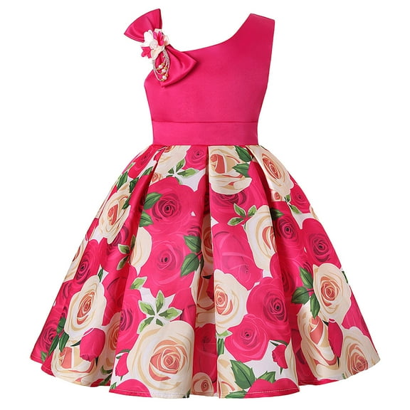 Zpanxa Baby Girls One Shoulder Dress, Toddler Girls Princess Dress, Little Girls Party Wedding Formal Dress, Rose Print Kids Pageant Flower Girl Sleeveless Dress Hot Pink (5-6 Years)