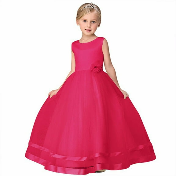 Zpanxa Baby Girls Princess Dress, Little Girls Party Wedding Dress, Lace Embroidered Bowknot Flower Net Dress, Kids Pageant Flower Girl Sleeveless Dress Hot Pink (3-4 Years)