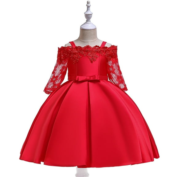 Zpanxa Baby Girls Princess Dress, Little Girls Party Wedding Dress, Lace Embroidered Bowknot Flower Net Dress, Kids Pageant Flower Girl Sleeveless Dress, Christmas Gifts for Girls Red (3-4 Years)