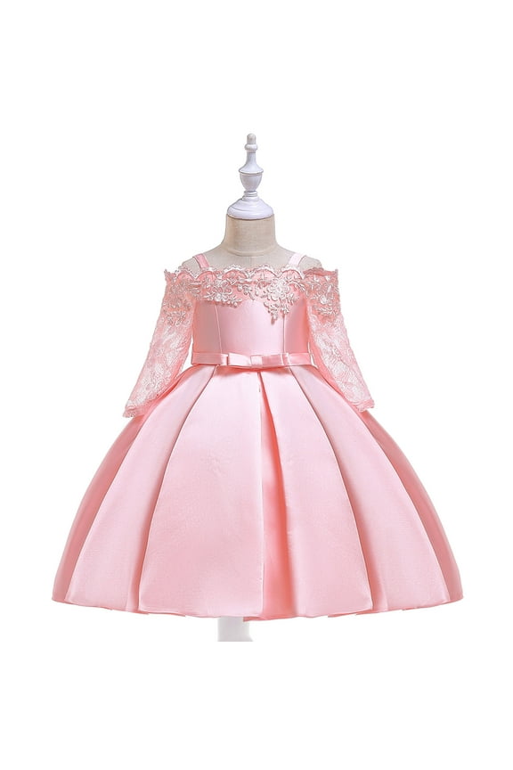 Baby Girls Princess Dress, Little Girls Party Wedding Dress, Lace Embroidered Bowknot Flower Net Dress, Kids Pageant Flower Girl Sleeveless Dress, Christmas Gifts for Girls Pink (7-8 Years)