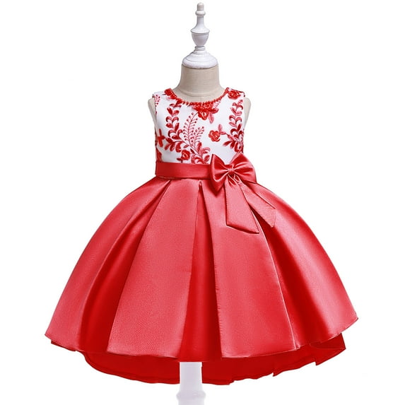 Zpanxa Baby Girls Princess Dress, Little Girls Party Wedding Dress, Lace Embroidered Bowknot Flower Net Dress, Kids Pageant Flower Girl Sleeveless Dress, Christmas Gifts for Girls Red (3-4 Years)