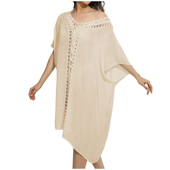 Zpanxa Bathing Suit Cover up for Women Bikini Swimsuit Coverup Tassels Beach Crochet Loose Hollow Out Coverup Dresses Vacation Clothes Beige One Size