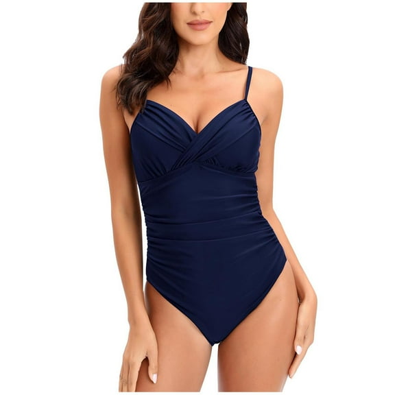 Zpanxa Bathing Suit for Women Plus Size Solid Color V-Neck One-Piece Swimsuit with Chest Pad without Underwire Navy L