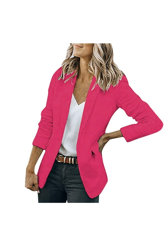 Blazer Jackets for Women Solid Color Pocket Long Sleeve Jacket Lapel Button Slim Work Office Blazer Jacket Open Front Suit Coat Outwear Hot Pink L