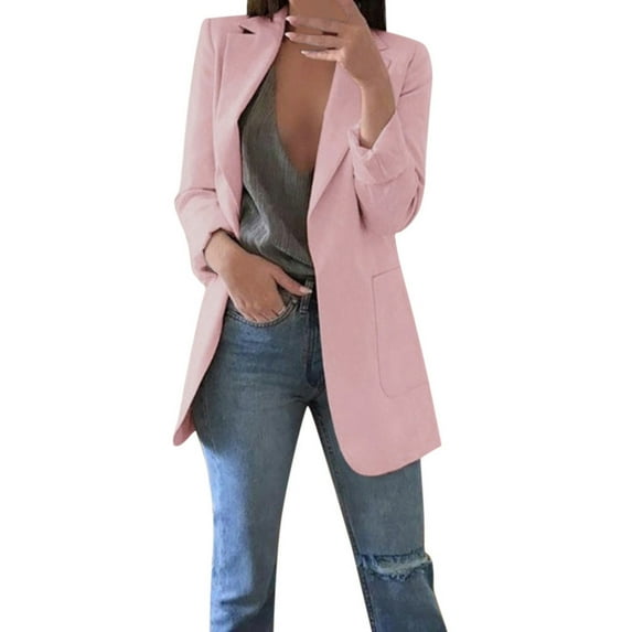 Zpanxa Blazer Jackets for Women Fall Winter Plus Size Solid Long Sleeve Office Coat Lightweight Cardigans Suit Long Jacket Tops Pink 3XL