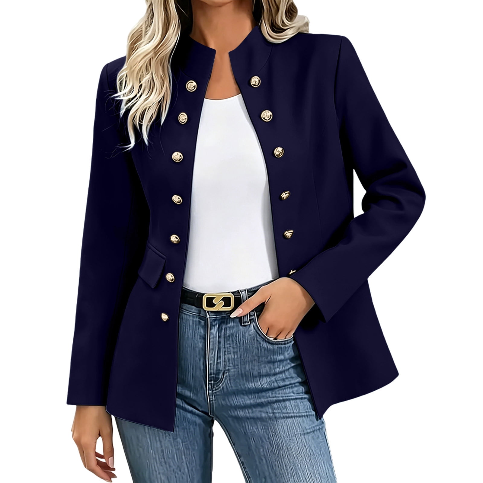 Zpanxa Blazers for Women Stand Collar Double Breasted Military