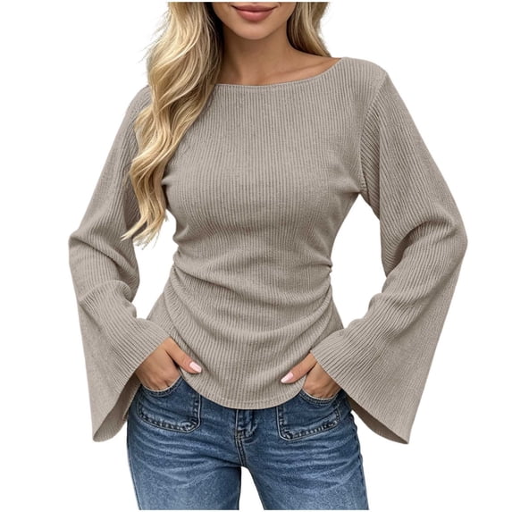 Zpanxa Blouse Tops for Women Ribbed Knit Long Flare Sleeve Ruched Top for Outdoor Wear S