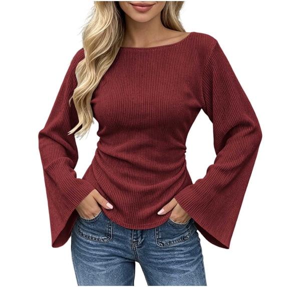 Zpanxa Blouse Tops for Women Ribbed Knit Long Flare Sleeve Ruched Top for Outdoor Wear XXL