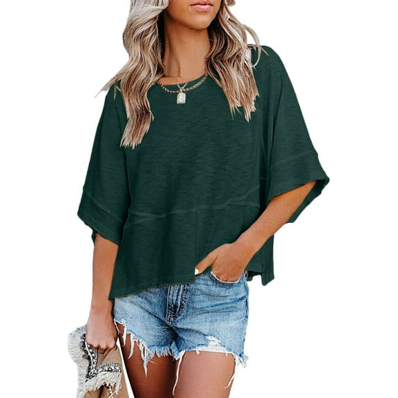 Zpanxa Blouses for Women Summer Casual Crewneck 3/4 Sleeve T-Shirts Solid Color Loose Fit Cute Basic Tops Tees Blouses Womens Summer Tops Army Green S