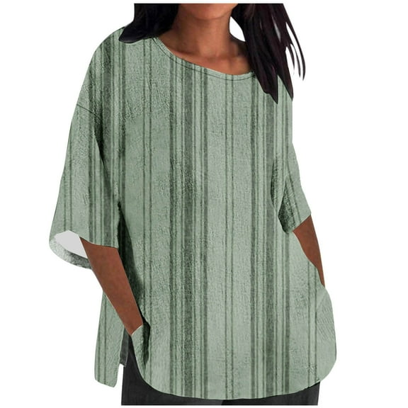 Zpanxa Blouses for Women Fashion Casual Cropped 3/4 Sleeve Print Loose Shirt Blouse Top Green L