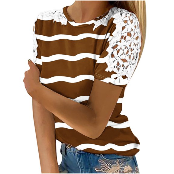 Zpanxa Blouses for Women Print Short Sleeve Round Neck Pullover Lace Shirts Blouse Brown XXL