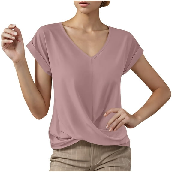 Zpanxa Blouses for Women Solid Color V-Neck Five-Point Sleeve Casual Shirt Top Pink XXL