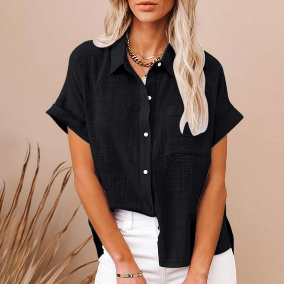 Zpanxa Blouses for Women Tops Fashion Solid Button Shirt Female V-Neck Loose T-shirt Blouse Womens Summer Tops Black L