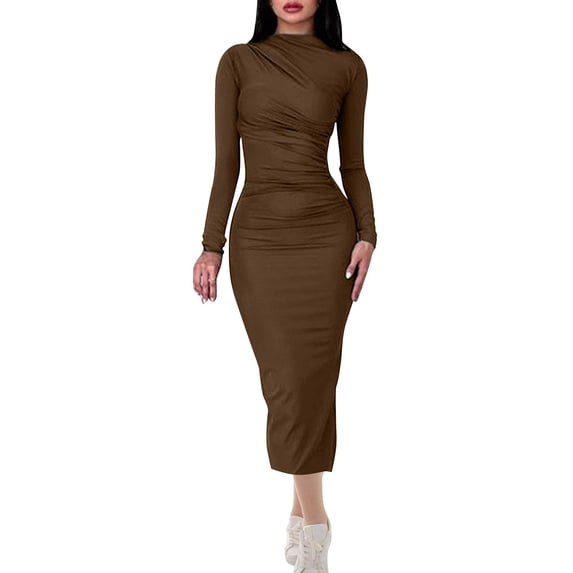 Zpanxa Bodycon Dresses for Women, Asymmetrical Neck Long Sleeve Ruched Midi Length