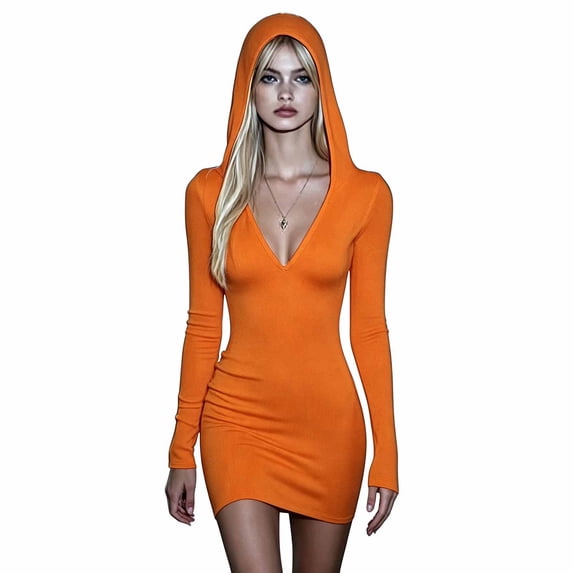 Zpanxa Bodycon Dresses for Women, Hooded Long Sleeve V Neck Stretch Mini Dress for Winter