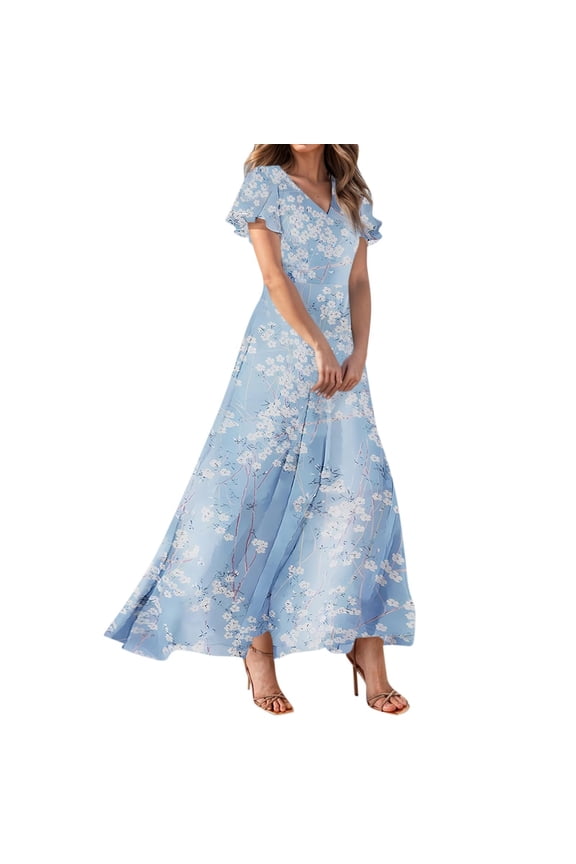 Boho 3 Piece Dress Set Women Floral Print Chiffon V Neck Top with Ruffle Sleeve and Matching Maxi Skirt