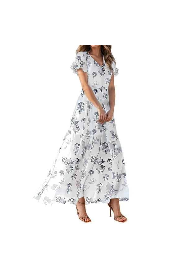 Boho 3 Piece Dress Set Women Floral Print Chiffon V Neck Top with Ruffle Sleeve and Matching Maxi Skirt