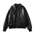 thumbnail image 1 of Zpanxa Bomber Jacket Women Collared Zip Up Hoodless Faux Leather Plus Size Casual Winter Coat with Pockets Black M, 1 of 2