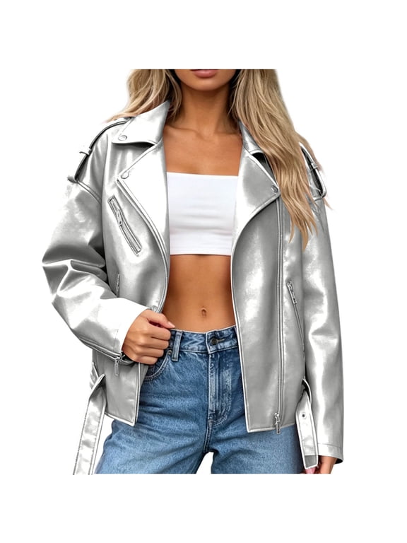 Bomber Jacket Women Faux Leather Asymmetrical Zip Moto Jacket, Long Sleeve Silver M