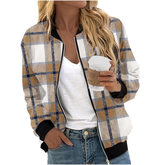 Zpanxa Bomber Jacket Women Plaid Zip Up Casual Lightweight Long Sleeve Fall Jacket with Pockets Brown XL