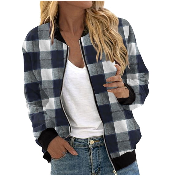 Zpanxa Bomber Jacket Women Plaid Zip Up Casual Lightweight Long Sleeve Fall Jacket with Pockets Gray L