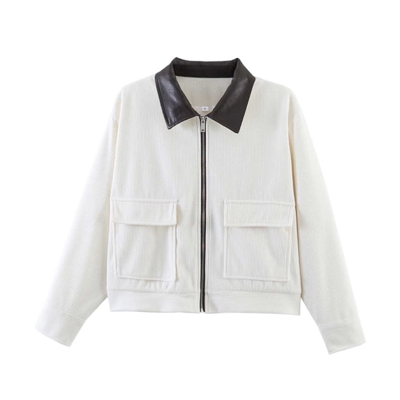 Zpanxa Bomber Jacket Women Short Corduroy Contrast Collar Zip Up Casual Winter Coat with Pockets White S